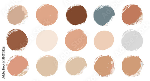 Vector illustration of hand drawn Korean, Chinese, Japanese ink brush circles, neutral terracotta Oriental art elements for sale promotion, social media posts, minimal design.