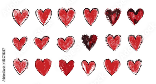 Hand-drawn hearts, red ink brush doodles, Valentine's day love icons, vintage grunge design, quirky romantic sketches, vector illustration, heart symbol collection, creative holiday art.