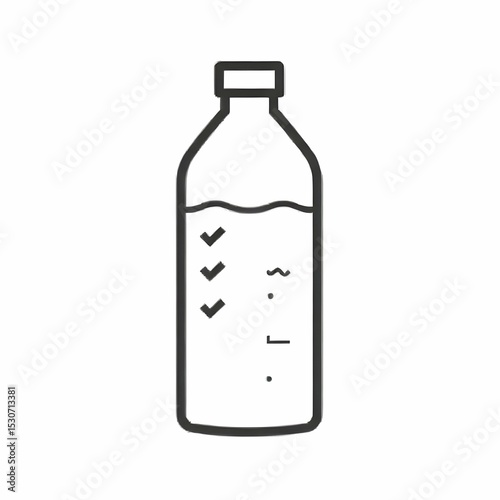 Minimalist black and white vector icon of a tall water bottle with checkmarks beside it, hydration lifestyle symbol, clean line art, no background