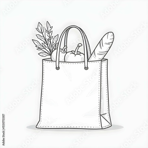 Black and white minimalist vector icon of a reusable shopping bag filled with vegetables and bread, clean line art, healthy lifestyle and sustainability, no background