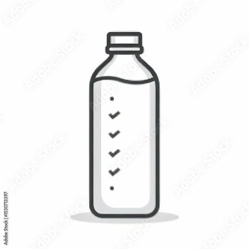 Minimalist black and white vector icon of a tall water bottle with checkmarks beside it, hydration lifestyle symbol, clean line art, no background