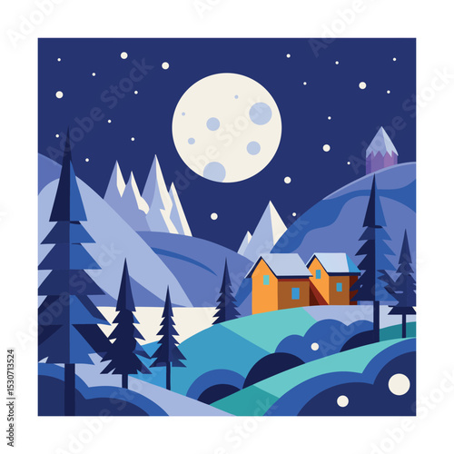 Moonlit Winter Scene Illustration with White Backdrop