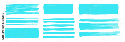 Vector illustration light blue highlighter set, hand drawn brush pen, cyan highlight strokes, turquoise marker stripes, underline emphasize, simple text frames, office supplies.