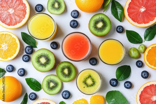 Fresh fruit juices arranged with assorted citrus and berries.