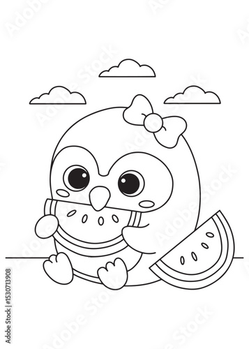 Coloring book penguin with a cute bow, happily munching on a juicy watermelon slice under fluffy clouds