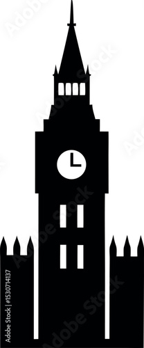 Detailed Big Ben Silhouette Illustration of London Landmark Clock Tower for Architecture Designs

