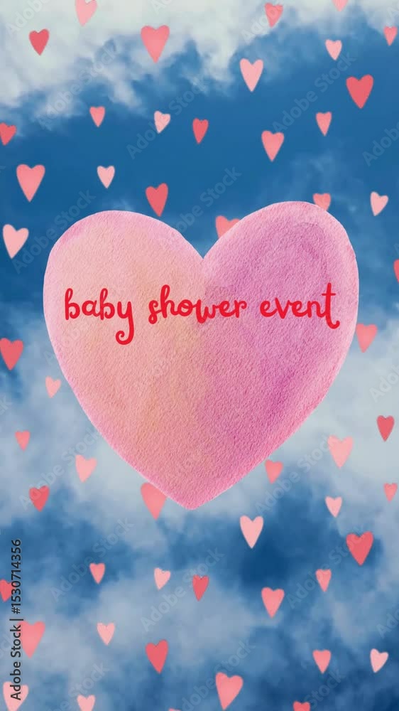 Cute baby shower event invitation video template featuring a large pink heart and floating smaller hearts against a blue sky background. Perfect for social media.