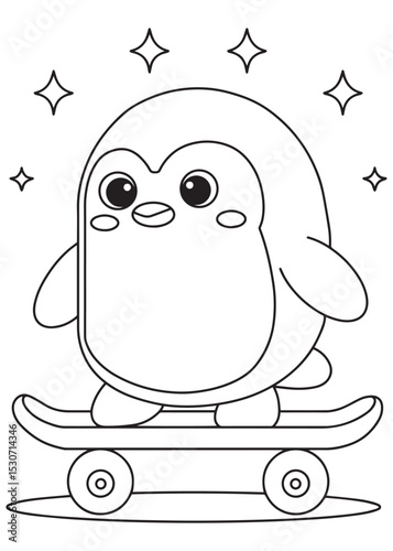 Coloring book penguin happily riding a skateboard, surrounded by sparkling stars