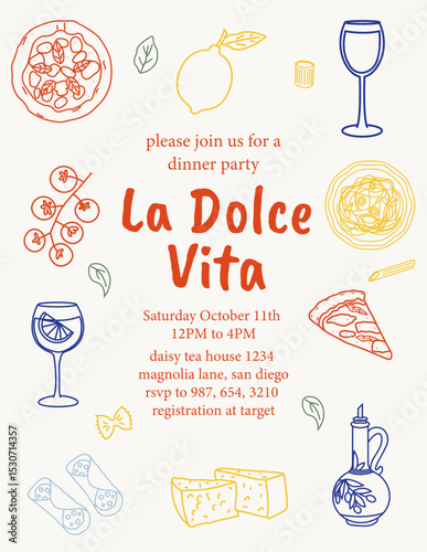 Hand drawn Italian dinner party invitation templates. Pasta, pizza, wine glass, cheese, tomato, lemon, olive oil, and cannoli illustrations. Elegant La Dolce Vita designs with food doodles.