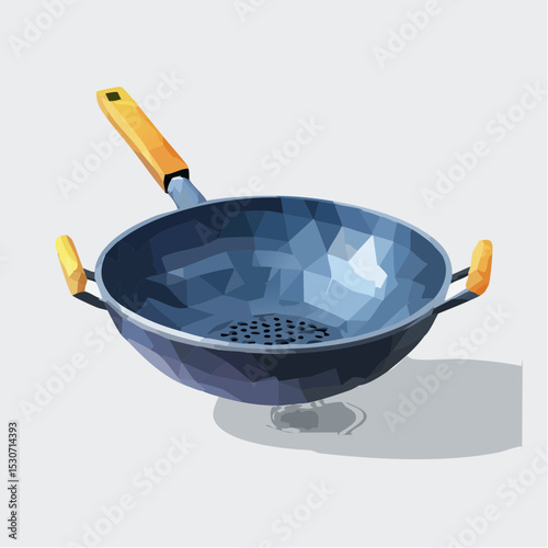 Flat Design Illustration of Empty Wok Pan with Wooden Handle

