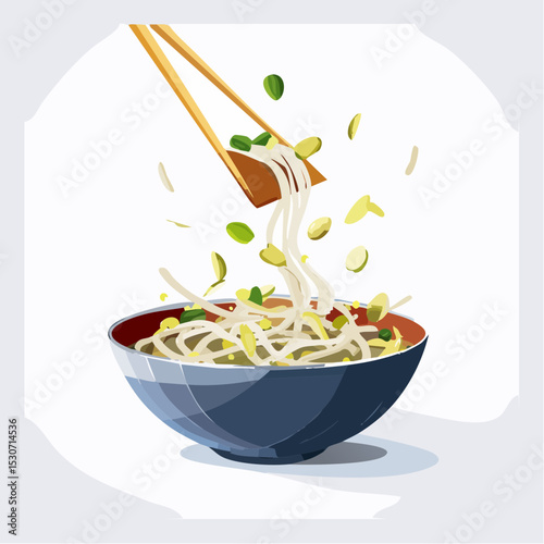 Flat Design Illustration of Hot Stir-Fried Noodles with Steam and Herbs in Wok Pan


