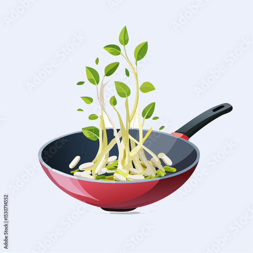 Flat Design Illustration of Hot Stir-Fried Noodles with Steam and Herbs in Wok Pan


