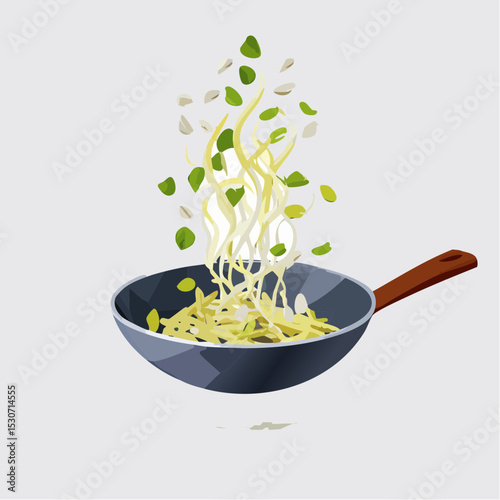 Flat Design Illustration of Hot Stir-Fried Noodles with Steam and Herbs in Wok Pan

