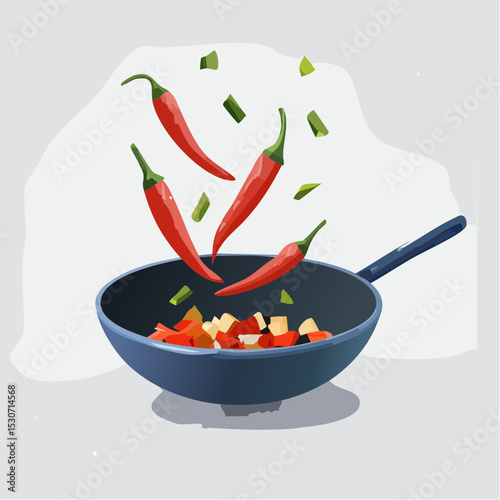 Flat Design Illustration of Stir-Frying Chili and Vegetables in Wok Pan


