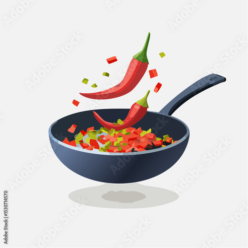 Flat Design Illustration of Stir-Frying Chili and Vegetables in Wok Pan

