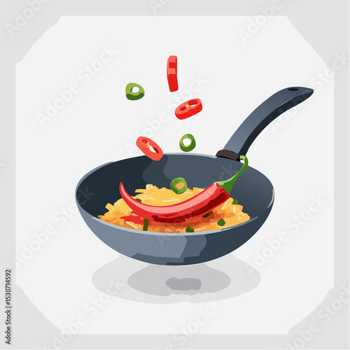 Flat Design Illustration of Stir-Frying Chili and Vegetables in Wok Pan

