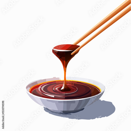 Flat Design Illustration of Soy Sauce Being Lifted with Chopsticks from Dipping Bowl

