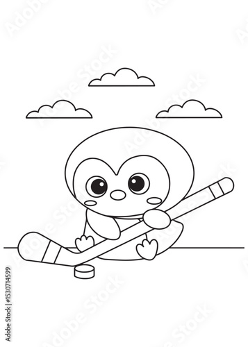 Coloring book penguin playing ice hockey with a stick and puck, under cute fluffy clouds.