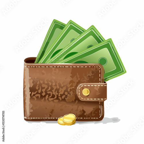 Brown leather wallet overflowing with green banknotes and gold coins.