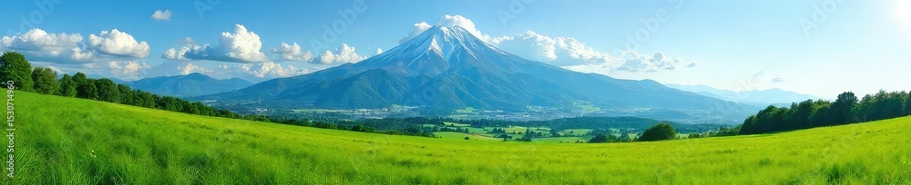 Fototapeta premium A stunning panoramic view of a lush green field stretching to a dramatic mountain range under a vibrant blue sky Perfect for travel, nature, or environmental projects , wilderness, color, beautiful