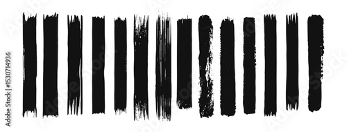 Black hand-drawn rectangle text boxes, vertical brush stroke set, grunge ink brushstrokes, long straight grungy lines, abstract geometric punk border elements, vector illustration, modern design.