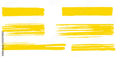 Vector illustration yellow highlighter set, hand drawn brush pen highlights, brush stroke marker underline, yellow color stripe lines, simple text frames, office supplies, stationery design.