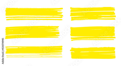 Vector illustration yellow marker brush stroke set, hand drawn highlighter, underline stripes, yellow color marker, simple text frames, creative stationery, office accessories, writing highlights.