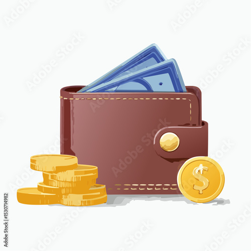 Brown leather wallet with cash and coins, illustrating savings or finances.