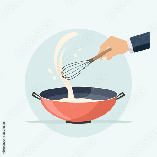 Flat Design Illustration of Hand Stirring Food in Hot Red Pot with Whisk

