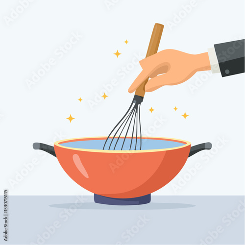 Flat Design Illustration of Hand Stirring Food in Hot Red Pot with Whisk

