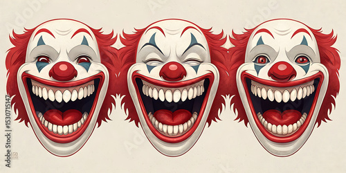 Crazy clowns faces on white background. Circus monsters. Scary evil clown smile. Vector icons set.