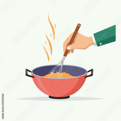 Flat Design Illustration of Hand Stirring Food in Hot Red Pot with Whisk

