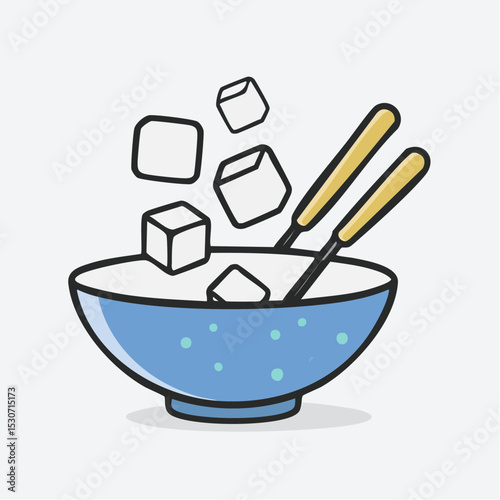 Cartoon Illustration of Stir-Frying Tofu Cubes with Peas in Wok Pan

