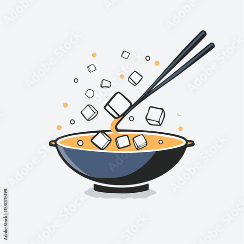 Cartoon Illustration of Stir-Frying Tofu Cubes with Peas in Wok Pan

