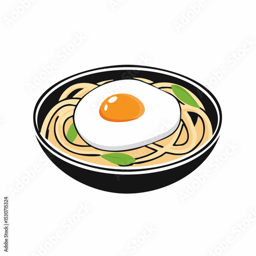 Flat Design Illustration of Noodles with Fried Egg in Black Bowl


