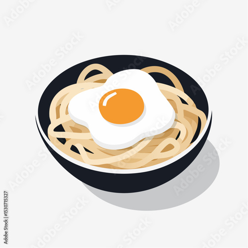 Flat Design Illustration of Noodles with Fried Egg in Black Bowl


