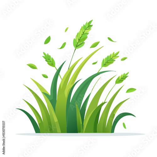 Illustration of Green Grass and Grain Stalks Blowing in the Wind

