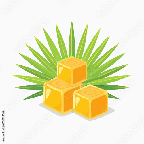 Cartoon Illustration of Palm Sugar Cubes with Green Palm Leaves

