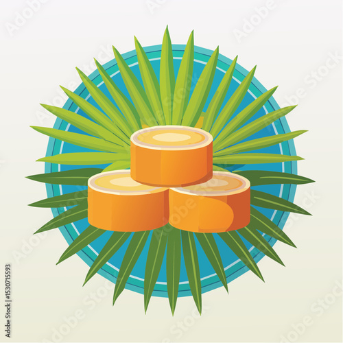 Cartoon Illustration of Palm Sugar Cubes with Green Palm Leaves

