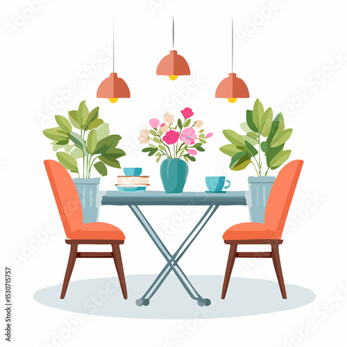 A stylized illustration of a dining table set with flowers, plants, and chairs.