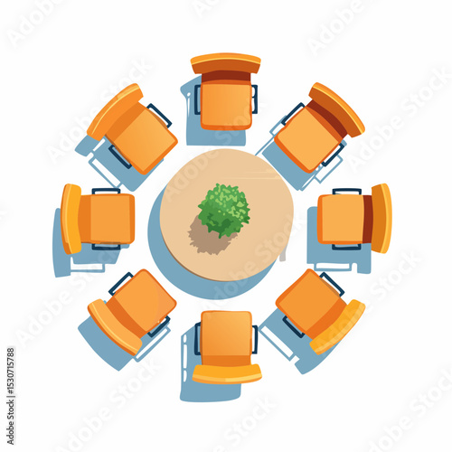 Top-down view of a round table with a plant in the center, surrounded by seven orange chairs.