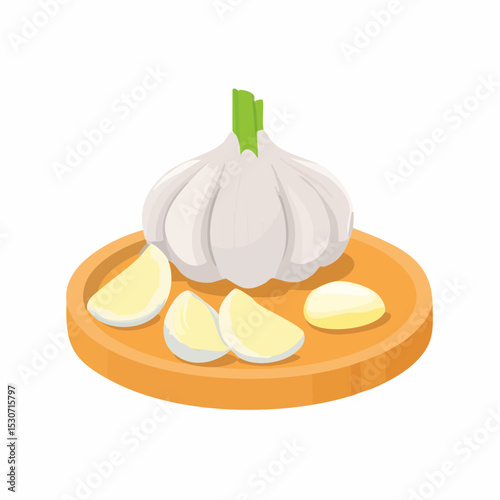 Garlic Bulb with Sliced and Whole Cloves on Cutting Board Illustration

