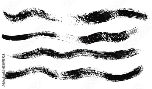 Wavy ink brush strokes, black hand drawn stripes, thick textured brush lines, smears, calligraphy brushstrokes set, Chinese Japanese style, vector illustration, artistic lines.