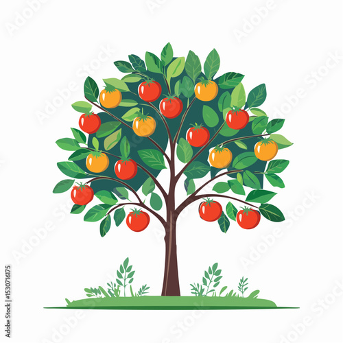 A lush persimmon tree laden with ripe, orange and red persimmons, stands on a small patch of green grass.