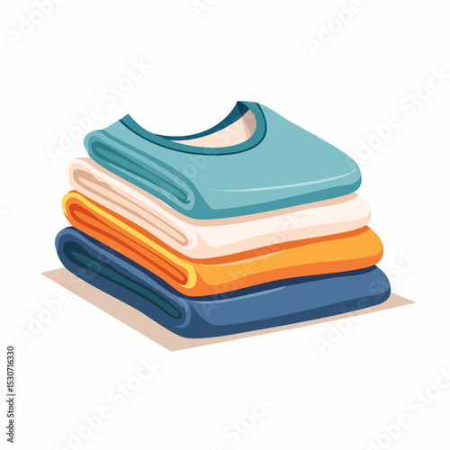 A neatly stacked pile of folded t-shirts in teal, off-white, orange, and navy blue.