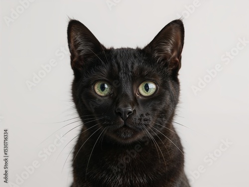 Close up portrait of a curious domestic black cat on white.