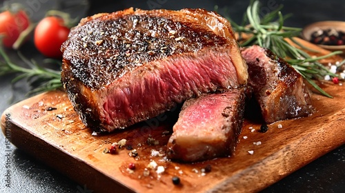 Tableau sur toile Juicy Grilled Steak: Seared Perfection on Wooden Board, Gourmet Meal, Restaurant