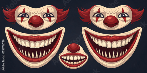 Crazy clowns faces on white background. Circus monsters. Scary evil clown smile. Vector icons set.