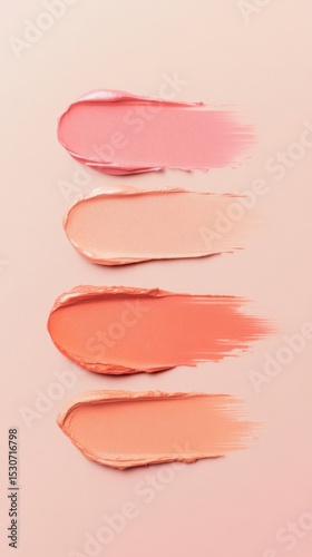 Swatches of four peachy-pink cosmetic creams, delicately smeared on a pale background.
