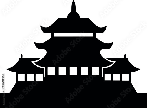 Chinese house black silhouette on white background, Chinese national building pagoda. Vector drawing Isolated on a white background. Silhouette Chinese architecture stock illustration